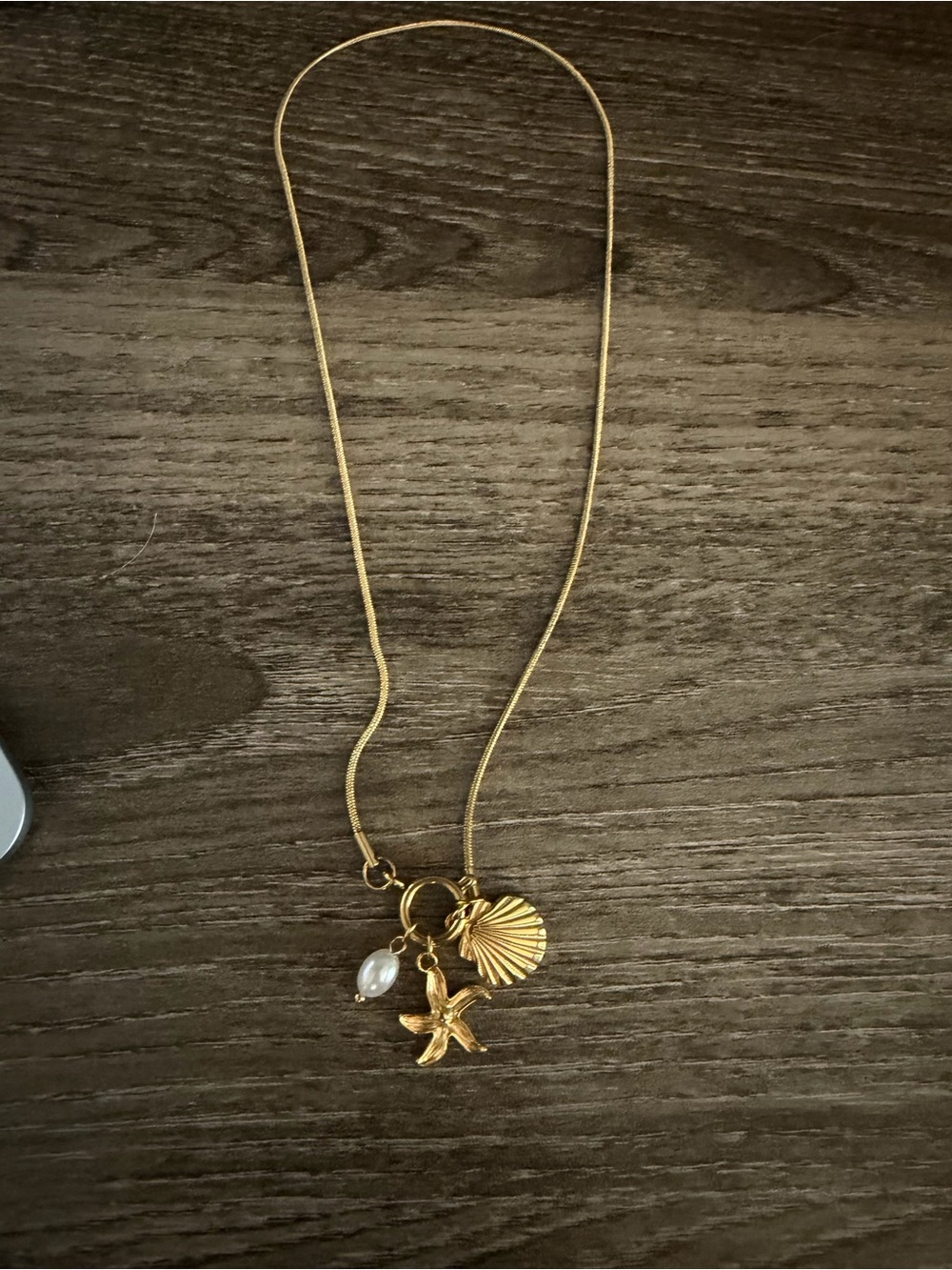 Gold Shell & Starfish Charm Necklace with Pearl Accent